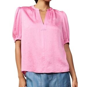 Current Air Anthropologie Pink Satin Short Puff Sleeve Blouse - XS
